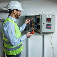 Electrician in Hardhat and Safety Vest Holding Tablet and Fixing Electric Panel